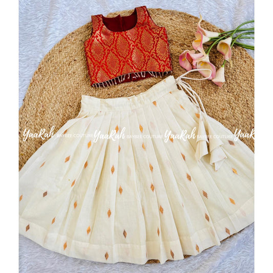 Cotton Skirt & Banarsi Top With Hangings