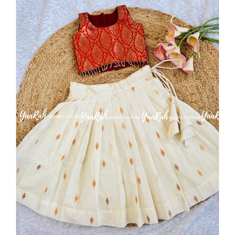 Cotton Skirt & Banarsi Top With Hangings