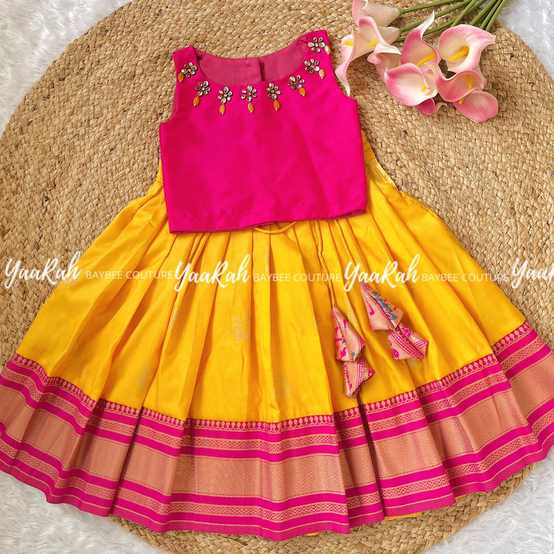 Yellow Paithani Skirt & Pink Crop Top