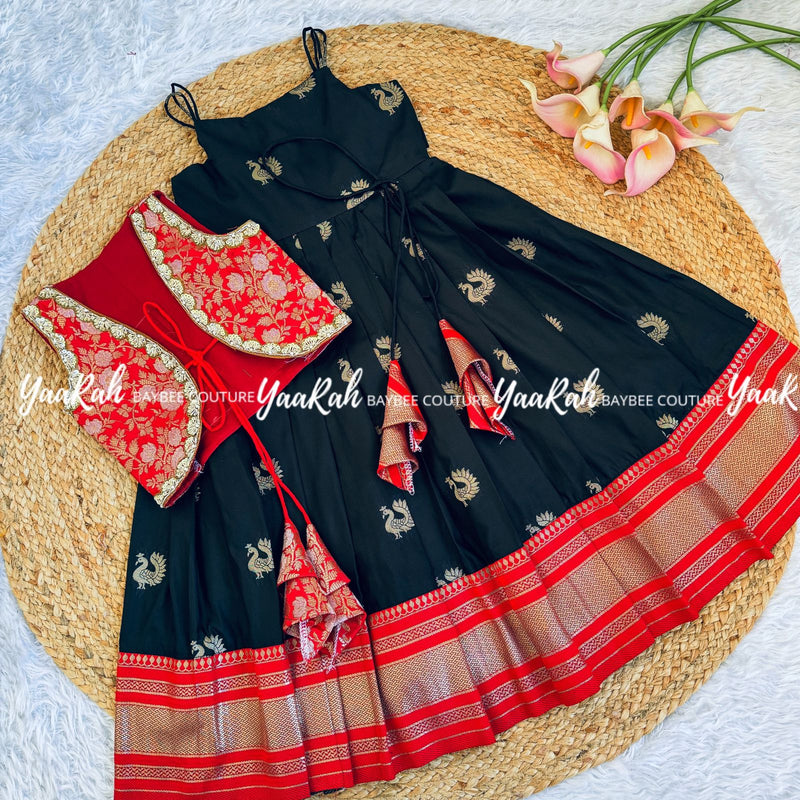 Ethnic Frock With Jacket - Black And Red
