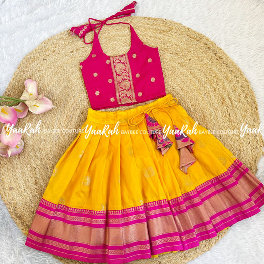 Yellow Paithani Skirt & Pink Crop Top