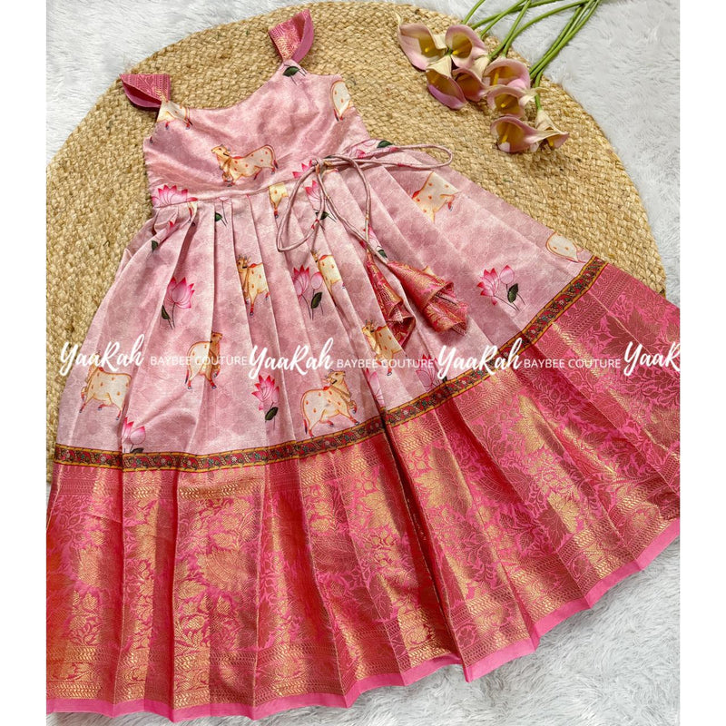 Pink Pichwai Frock With Jacket : 3 Color Options For Jacket