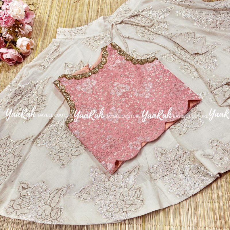 Cotton Lurex Umbrella Silk Skirt And Peach Banarasi Blouse