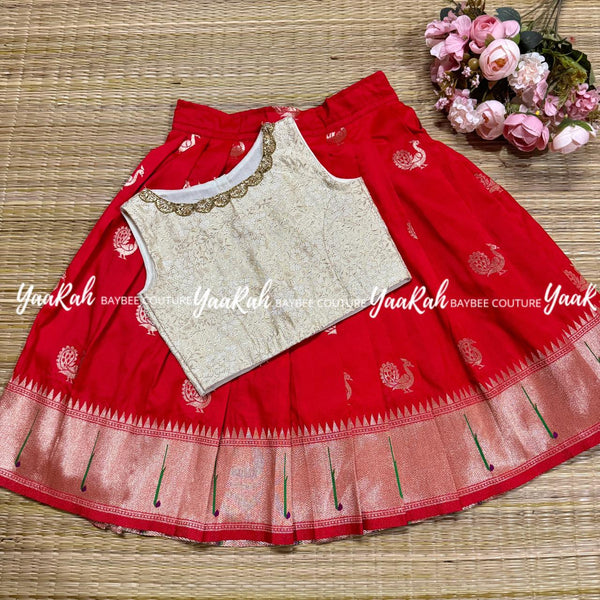 Red Semi Silk Skirt With Cream Banarsi Blouse