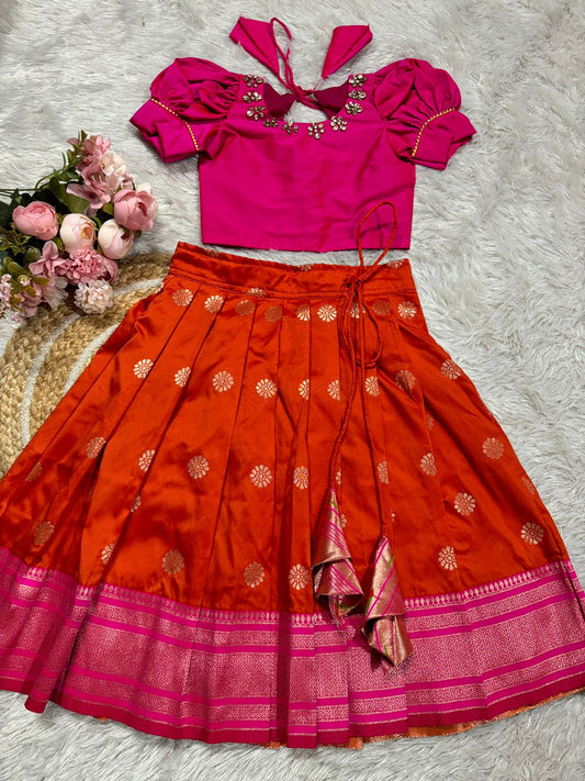 Orange Skirt With Pink Semi Silk Blouse
