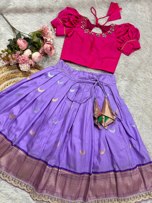 Lavender Semi Banarsi Skirt With Pink Semi Silk Blouse