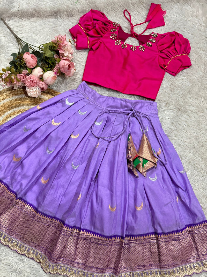 Lavender Semi Banarsi Skirt With Pink Semi Silk Blouse