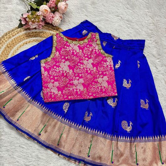 Royal Blue Silk Skirt And Rani/Magenta Banarasi Blouse