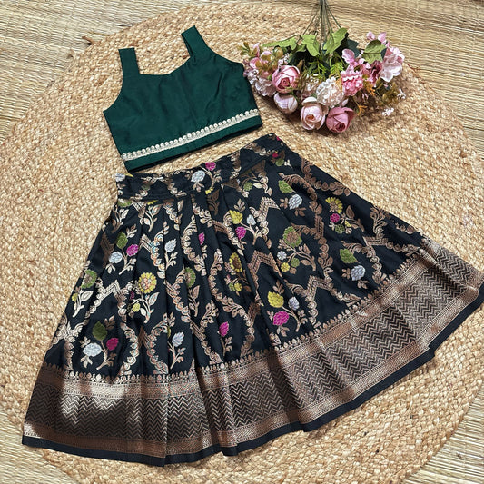 Semi Silk Black Floral Skirt And Semi Silk Blouse