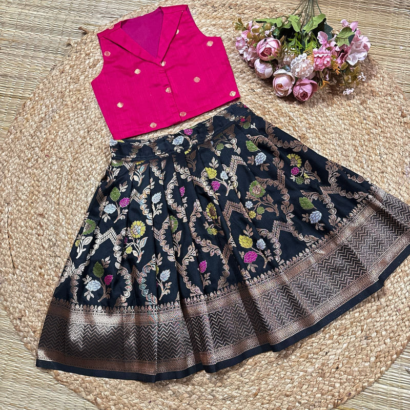 Semi Silk Black Floral Skirt And Rani Pink Dupion Silk Blouse
