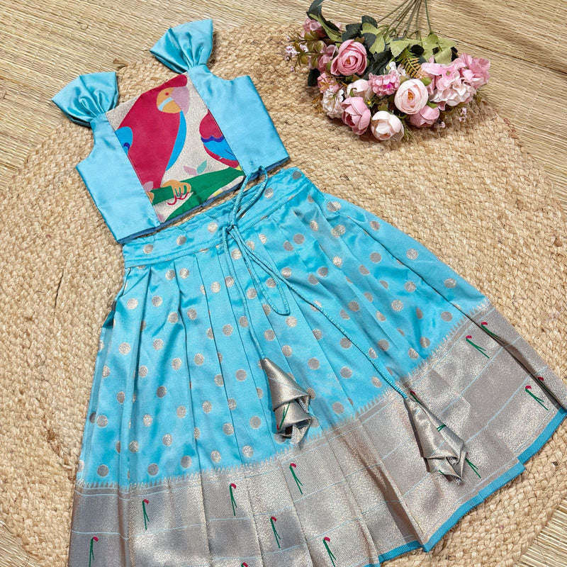 Baby Blue Paithani Skirt &Amp; Semi Silk Top