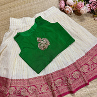 Pink Zari Bordered Cotton Skirt And Dupion Blouse