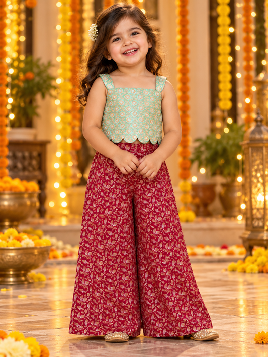 Green Banarsi Crop Top And Maroon Palazzo Pants