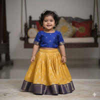 Royal Blue  Semi Silk Blouse And Yellow Banarsi Skirt With Border