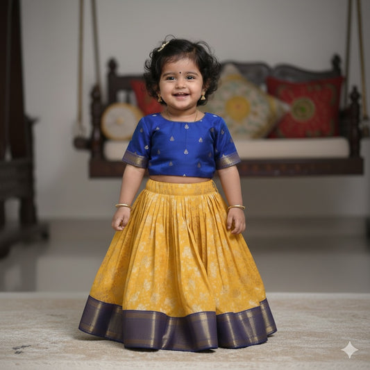 Royal Blue  Semi Silk Blouse And Yellow Banarsi Skirt With Border