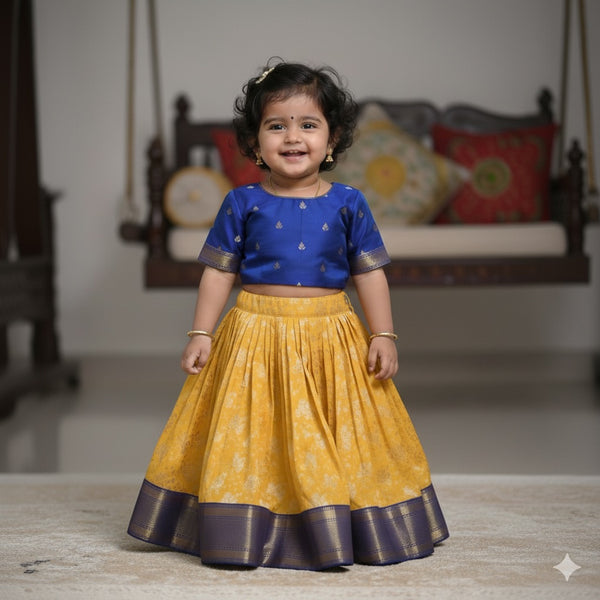 Royal Blue  Semi Silk Blouse And Yellow Banarsi Skirt With Border