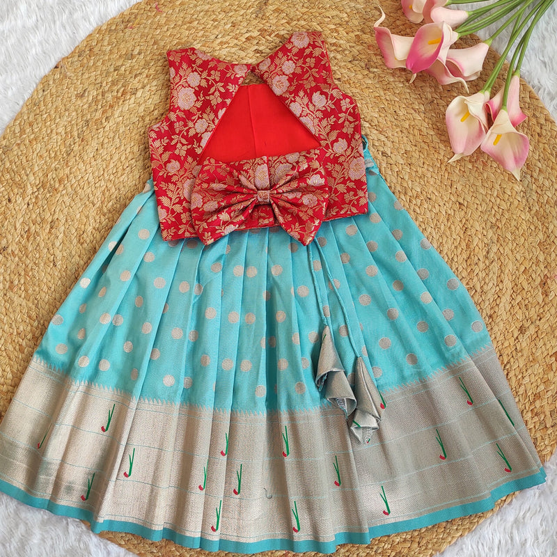 Blue Skirt And Red Top With Triangle Back