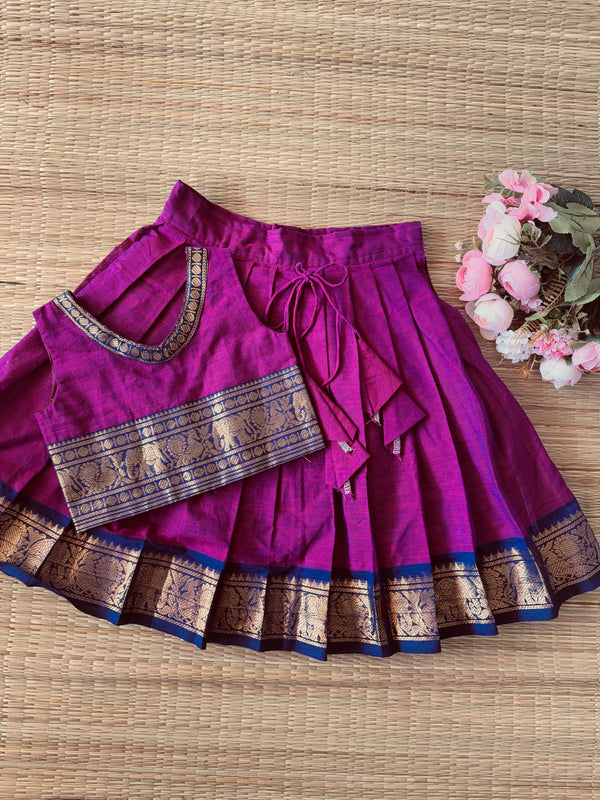 Purple Silk Bordered Kanchi Cotton Skirt And Dupion Silk Blouse