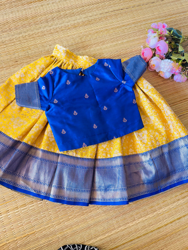 Royal Blue  Semi Silk Blouse And Yellow Banarsi Skirt With Border