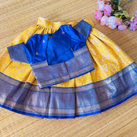 Royal Blue  Semi Silk Blouse And Yellow Banarsi Skirt With Border