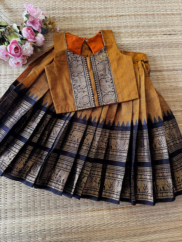 Thick Bordered Golden Brown And Black Border Kanchi Cotton Skirt And  Blouse