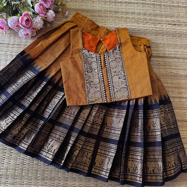 Thick Bordered Golden Brown And Black Border Kanchi Cotton Skirt And  Blouse