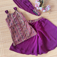 Purple Self Embroidered Kurta And Palazzo Pants