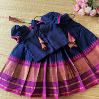 Navy Blue Zari Bordered Kanchi Cotton Skirt And  Blouse