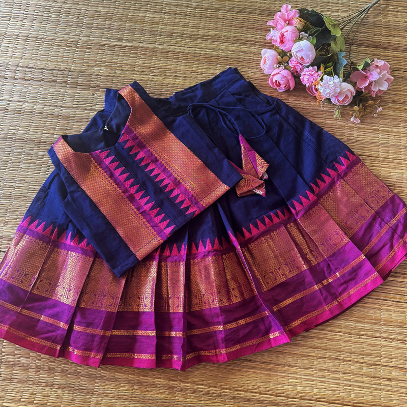 Navy Blue Zari Bordered Kanchi Cotton Skirt And  Blouse With Double Border
