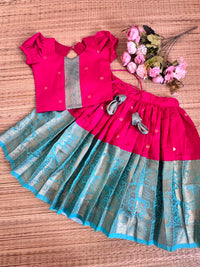 Silk Bordered Slub Cotton Skirt And Slub Cotton Blouse : Pink/Black