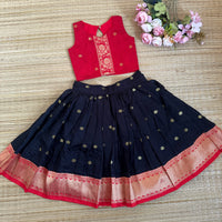 Silk Bordered Slub Cotton Skirt And Slub Cotton Blouse : Pink/Black