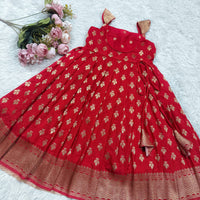 Red Dola Silk Frock - Ankle Length