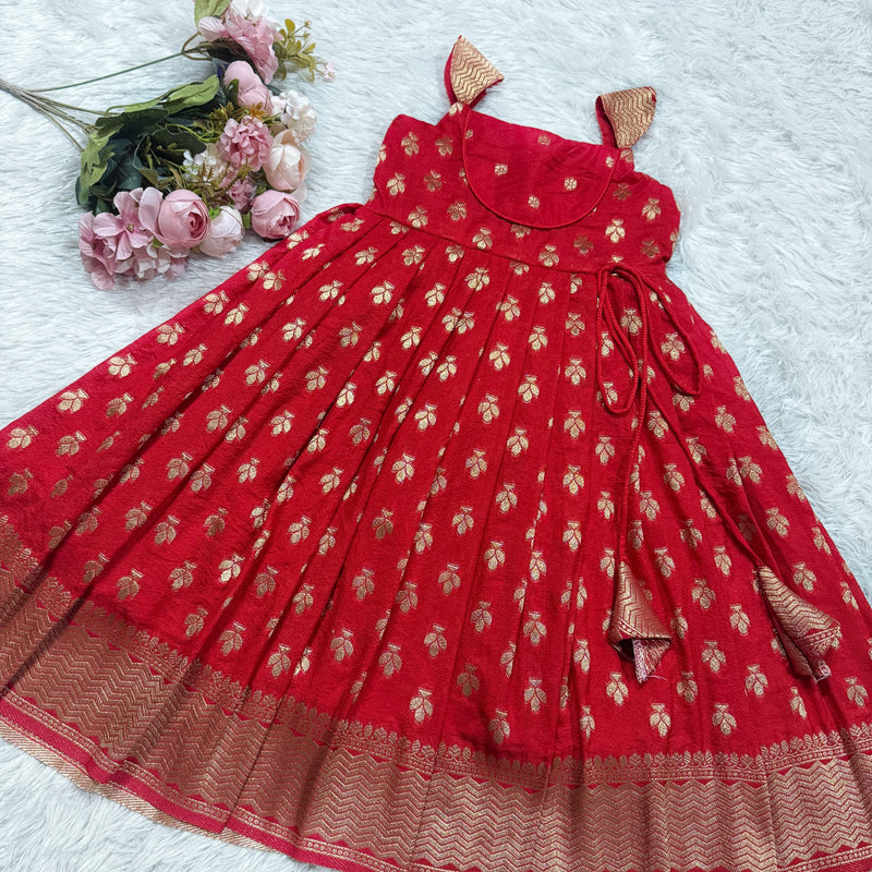 Red Dola Silk Frock - Ankle Length