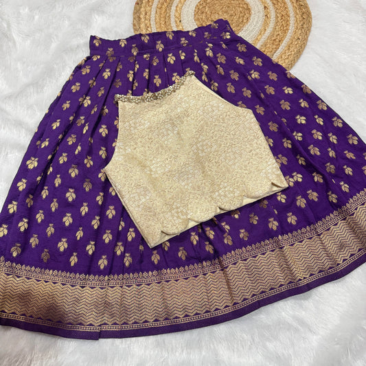 Purple Dola Silk Skirt With Cream Banarsi Blouse