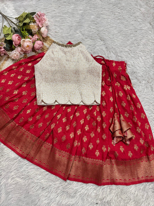 Red Semi Silk Skirt With Cream Banarsi Blouse