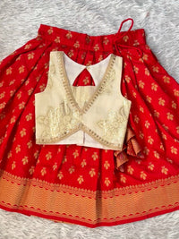 Red Semi Silk Skirt With Cream Lurex Cotton Blouse
