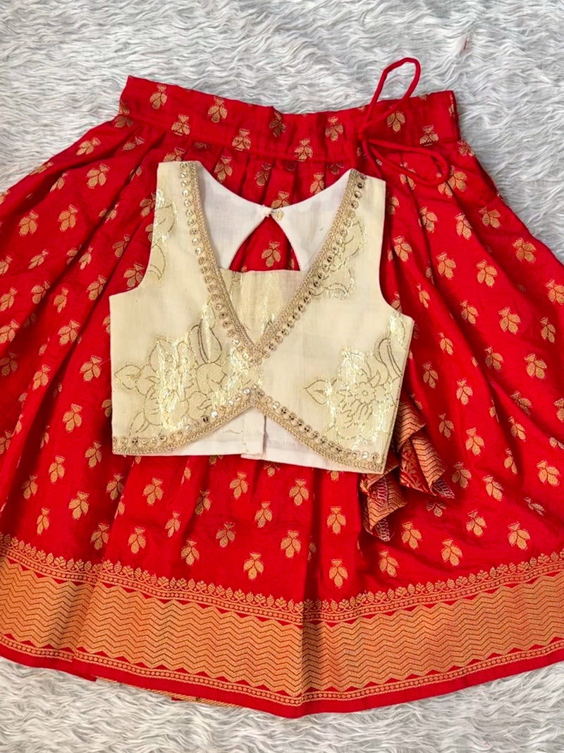 Red Semi Silk Skirt With Cream Lurex Cotton Blouse