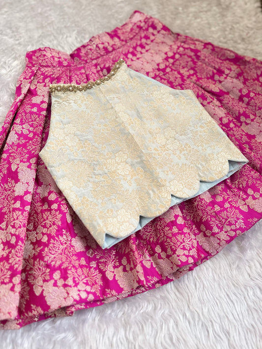 Banarsi Silk Skirt With Cream Banarsi Blouse