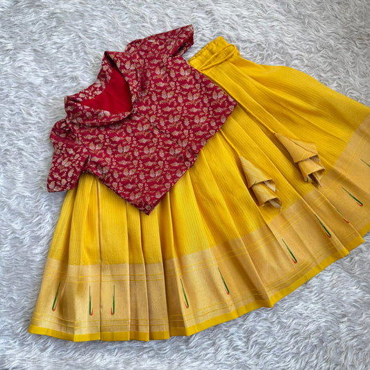 Yellow Semi Paithani Silk Skirt  And Maroon Banarsi Silk Blouse With Sleeves