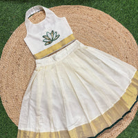 Cotton Golden Bordered  Skirt  And Halter Neck Blouse - 2 Chest Applique Option