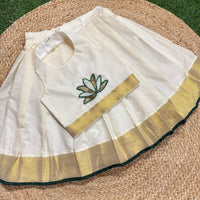 Cotton Golden Bordered  Skirt  And Halter Neck Blouse - 2 Chest Applique Option