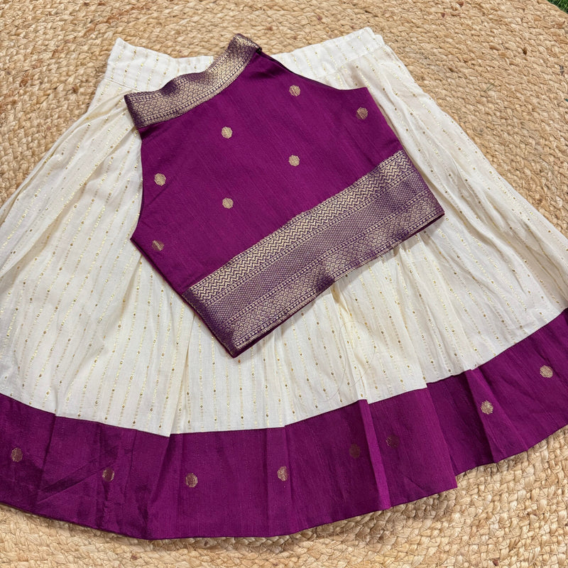Dupion Silk Bordered Cotton Skirt And Dupion Silk Blouse -Purple