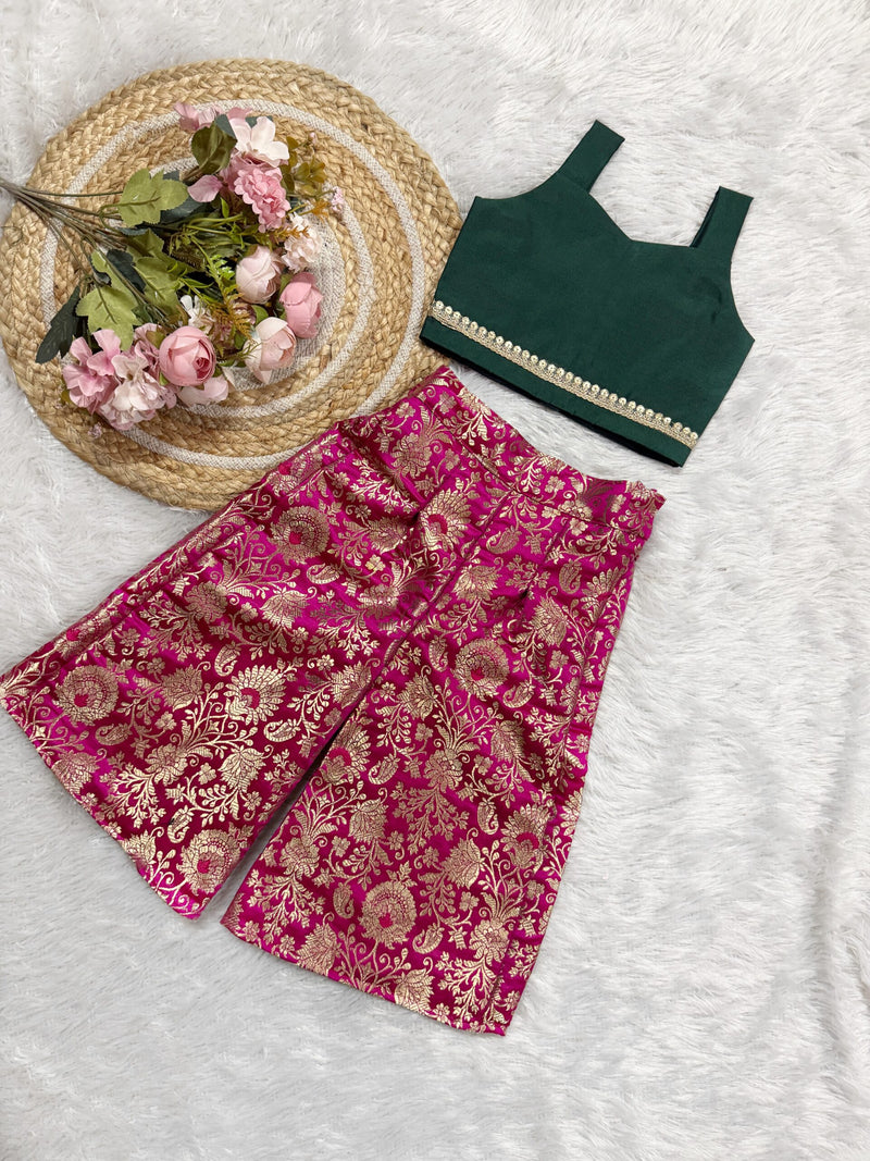 Semi Silk Crop Top And Palazzo Pants -Rani