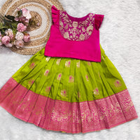 Parrot Green Semi Silk Butta Skirt And Semi Silk And Banarsi Patch Blouse - Long Top