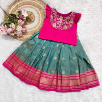 Rama Blue Semi Silk Butta Skirt And Semi Silk And Banarsi Patch Blouse - Long Top