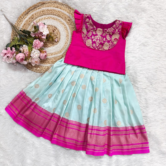 Sea Blue Semi Silk Butta Skirt And Semi Silk And Banarsi Patch Blouse - Long Top