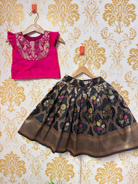Black Semi Silk Skirt And Semi Silk And Banarsi Patch Blouse - Long Top