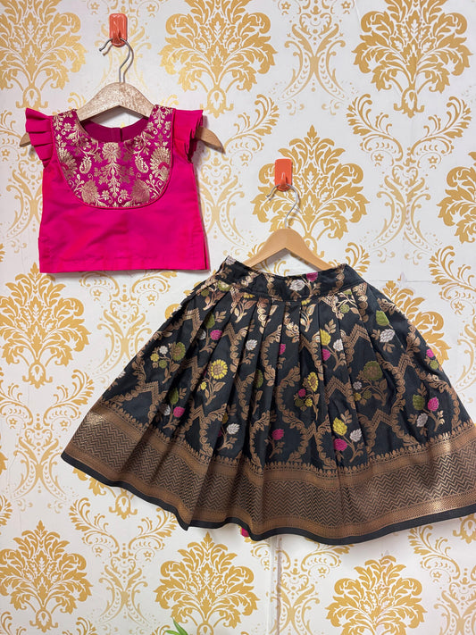 Black Semi Silk Skirt And Semi Silk And Banarsi Patch Blouse - Long Top