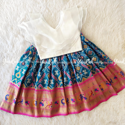 White Organza Ruffle Top &Amp; Blue Ikkat Patola Skirt
