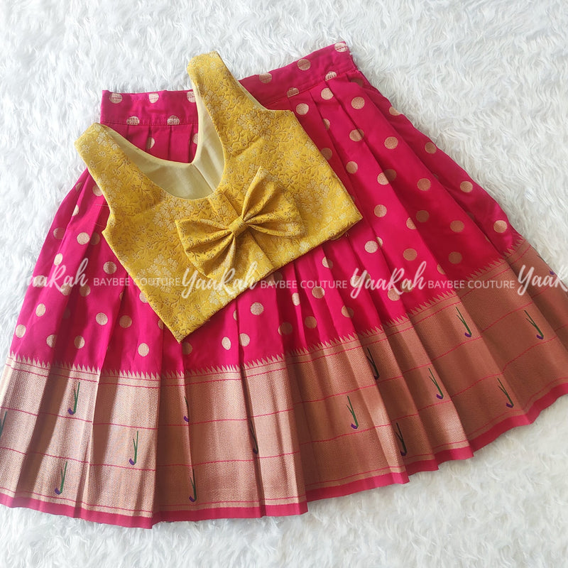 Pink Butta Skirt And Yellow Banarsi Top